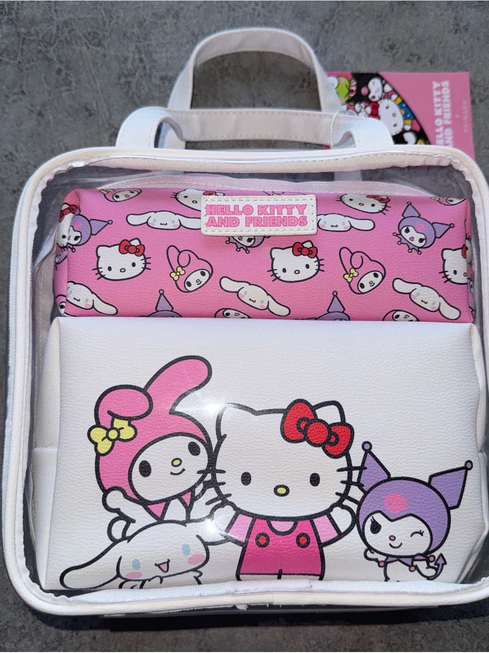 Hello Kitty White & Pink Clear Tote with Character Pouch 3 PIECES